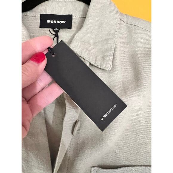 Monrow Sage Green Twill Long Sleeve Pocket Mini Shirt Dress Size Small NWT - Picture 9 of 10
